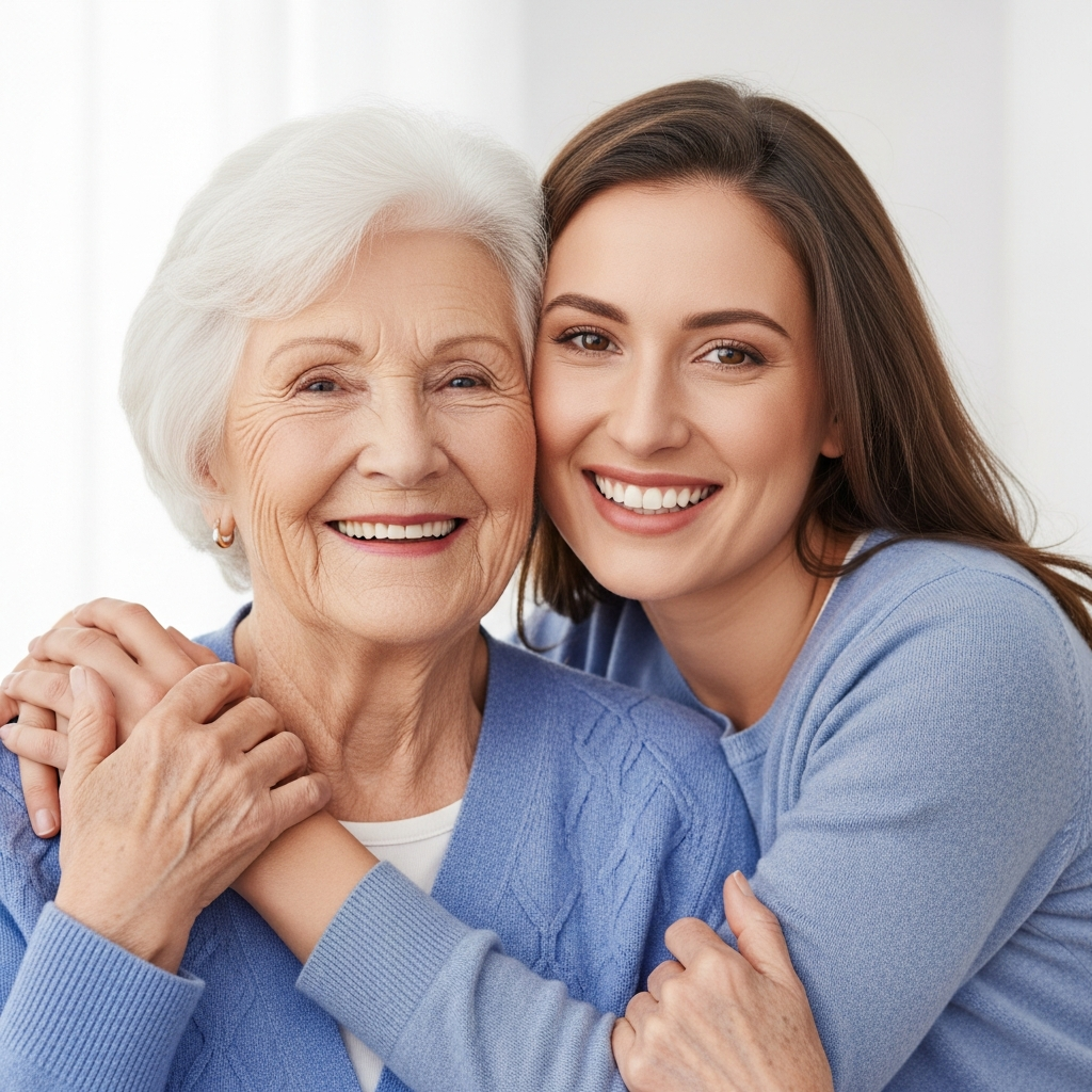 Senior hugging family member